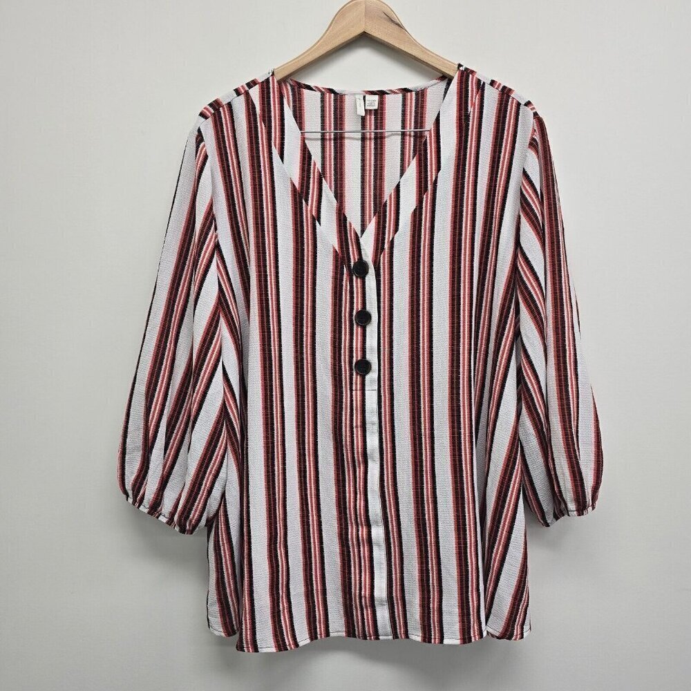 Cato Red Black Striped V-Neck Big Button Blouse Plus Size 22/24W Office Career
